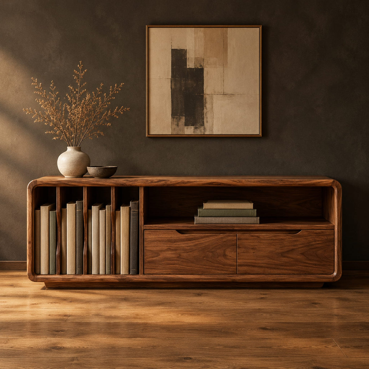 Low tv stand with vertical slots, an open shelf and two drawers in a dark studio against a charcoal plaster wall