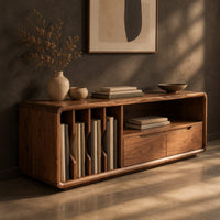 Corner detail of low tv stand with vertical slots, an open shelf and two drawers beside wood, brass and linen samples
