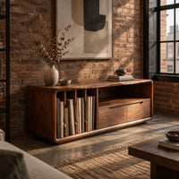 Low tv stand with vertical slots, an open shelf and two drawers in an industrial loft living room with exposed brick