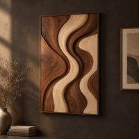 Wall art panel with flowing wave bands in dark and pale wood on a dark charcoal plaster wall