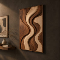 Wall art panel with flowing wave bands in dark and pale wood, three-quarter view showing the carved depth