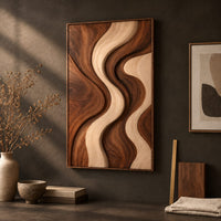 Detail of wall art panel with flowing wave bands in dark and pale wood beside wood, brass and linen samples
