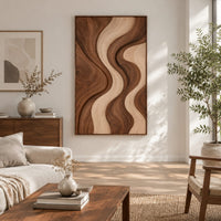 Wall art panel with flowing wave bands in dark and pale wood in a bright sunroom with green plants