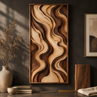 Detail of tall framed wall art with layered wave relief in light and dark wood beside wood, brass and linen samples