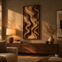 Tall framed wall art with layered wave relief in light and dark wood above a low console in an evening living room