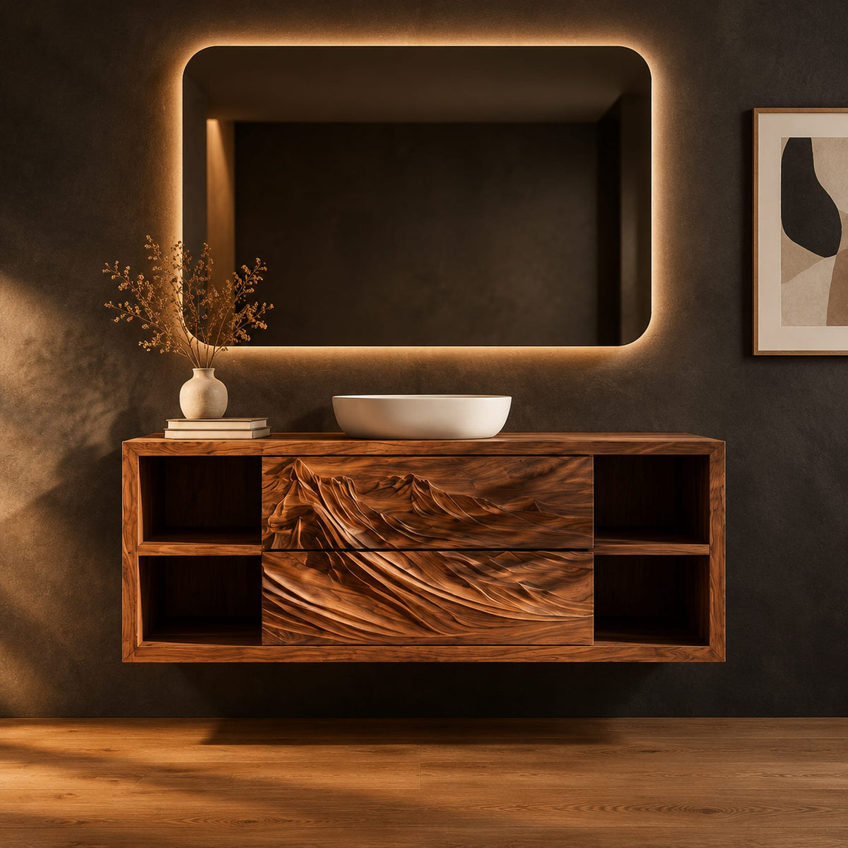 Wall mounted bathroom vanity with carved mountain ridge fronts and open cubbies in a dark studio against a charcoal plaster wall