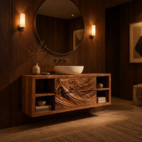 Wall mounted bathroom vanity with carved mountain ridge fronts and open cubbies in an evening bathroom with walnut wall paneling