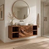 Wall mounted bathroom vanity with carved mountain ridge fronts and open cubbies in a Scandinavian bathroom with white walls