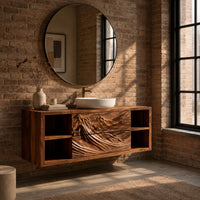 Wall mounted bathroom vanity with carved mountain ridge fronts and open cubbies in an industrial loft bathroom with exposed brick