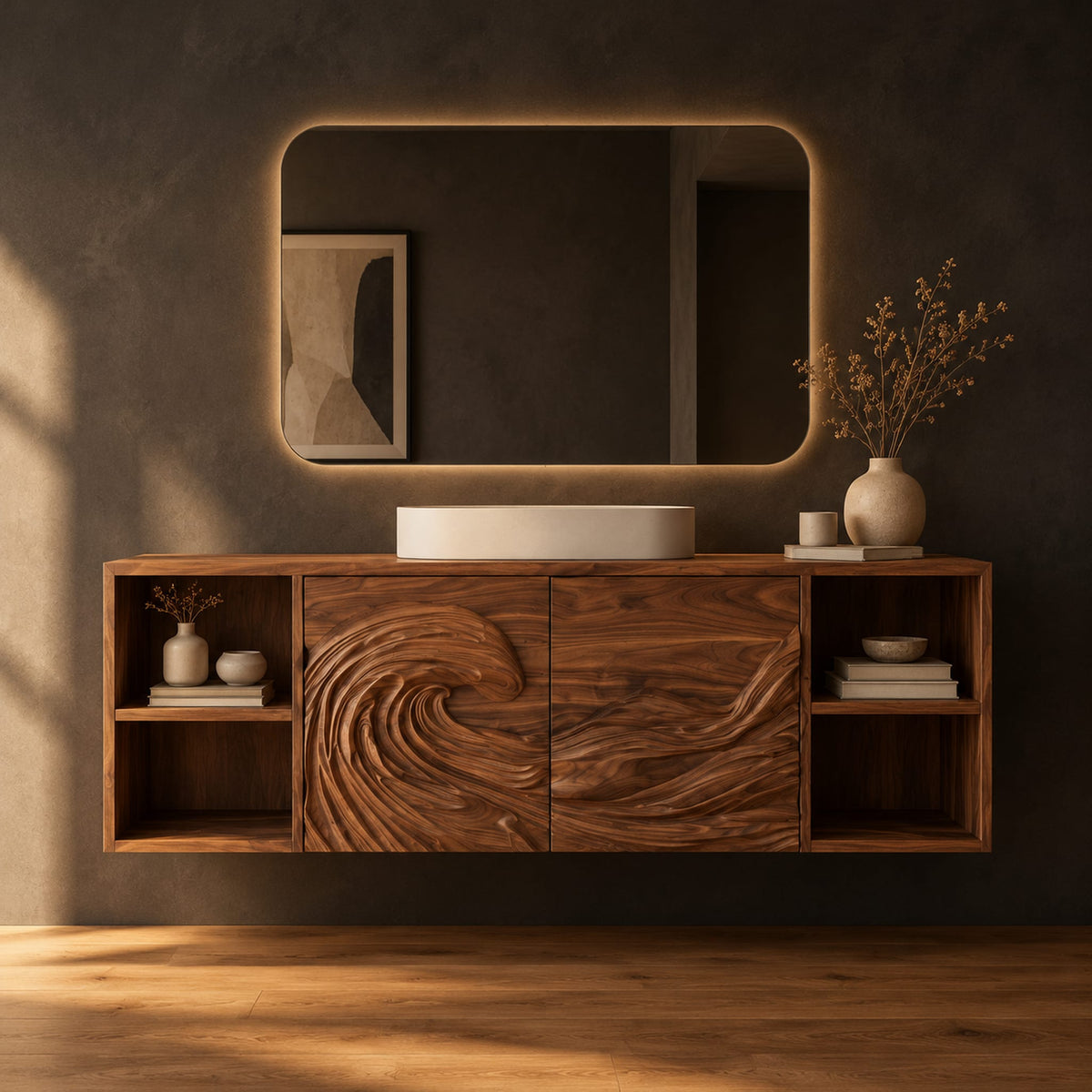Wall mounted bathroom vanity with carved wave panels and open end shelves in a dark studio against a charcoal plaster wall
