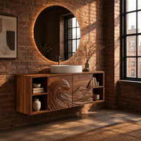 Wall mounted bathroom vanity with carved wave panels and open end shelves in an industrial loft bathroom with exposed brick