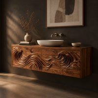 Wall mounted bathroom vanity with rolling wave carving, three-quarter view showing the grain