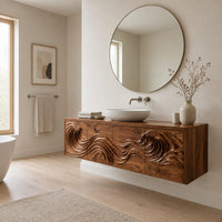 Wall mounted bathroom vanity with rolling wave carving in a Scandinavian bathroom with white walls