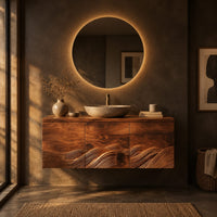 Wall mounted bathroom vanity with three doors and layered wave carving in a dark bathroom at golden hour