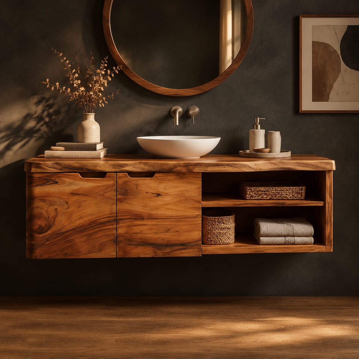 Wall mounted bathroom vanity with a live edge top and an open shelf in a dark studio against a charcoal plaster wall