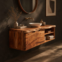 Wall mounted bathroom vanity with a live edge top and an open shelf, three-quarter view showing the grain