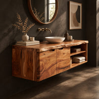 Corner detail of wall mounted bathroom vanity with a live edge top and an open shelf beside wood, brass and linen samples