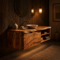 Wall mounted bathroom vanity with a live edge top and an open shelf in an evening bathroom with walnut wall paneling