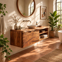 Wall mounted bathroom vanity with a live edge top and an open shelf in a bright bathroom with arched windows and plants