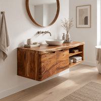 Wall mounted bathroom vanity with a live edge top and an open shelf in a Scandinavian bathroom with white walls