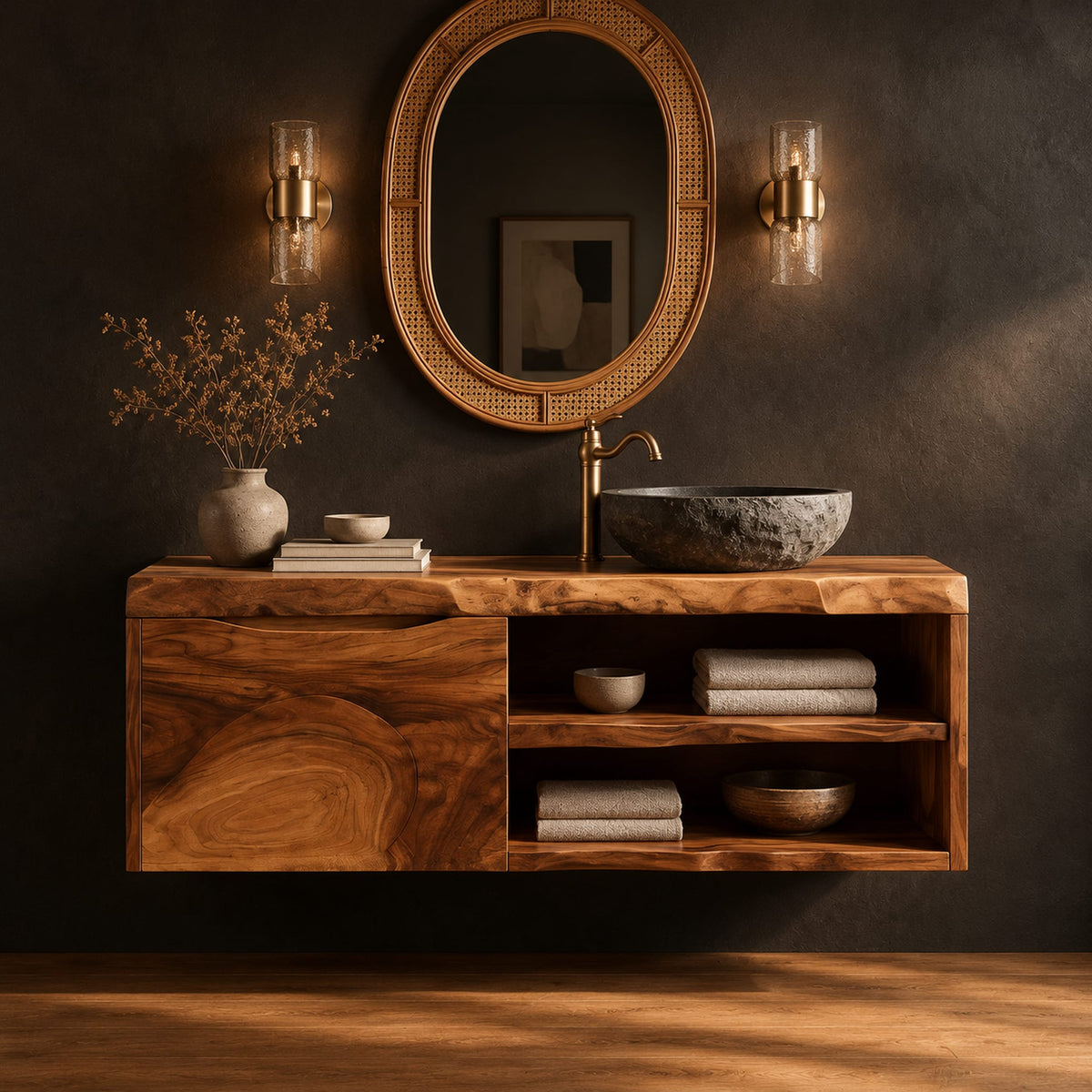 Wall mounted bathroom vanity cabinet with a swirling grain front and open shelves in a dark studio against a charcoal plaster wall
