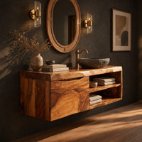 Wall mounted bathroom vanity cabinet with a swirling grain front and open shelves, three-quarter view showing the grain