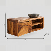 Wall Mounted Bathroom Vanity With Open Shelves And Swirl Grain Front dimension diagram with width, height and depth