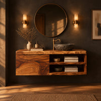 Wall mounted bathroom vanity cabinet with a swirling grain front and open shelves in a dark bathroom at golden hour