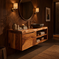 Wall mounted bathroom vanity cabinet with a swirling grain front and open shelves in an evening bathroom with walnut wall paneling
