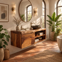 Wall mounted bathroom vanity cabinet with a swirling grain front and open shelves in a bright bathroom with arched windows and plants
