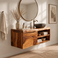 Wall mounted bathroom vanity cabinet with a swirling grain front and open shelves in a Scandinavian bathroom with white walls