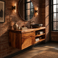 Wall mounted bathroom vanity cabinet with a swirling grain front and open shelves in an industrial loft bathroom with exposed brick