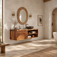 Wall mounted bathroom vanity cabinet with a swirling grain front and open shelves in a bright open plan bathroom