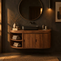 Wall mounted bathroom vanity with a wavy front, two doors and open shelves in a dark bathroom at golden hour