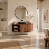Wall mounted bathroom vanity with a wavy front, two doors and open shelves in a bright open plan bathroom