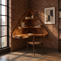 Triangular corner desk with two open shelves and a wavy front edge in an industrial loft home office with exposed brick