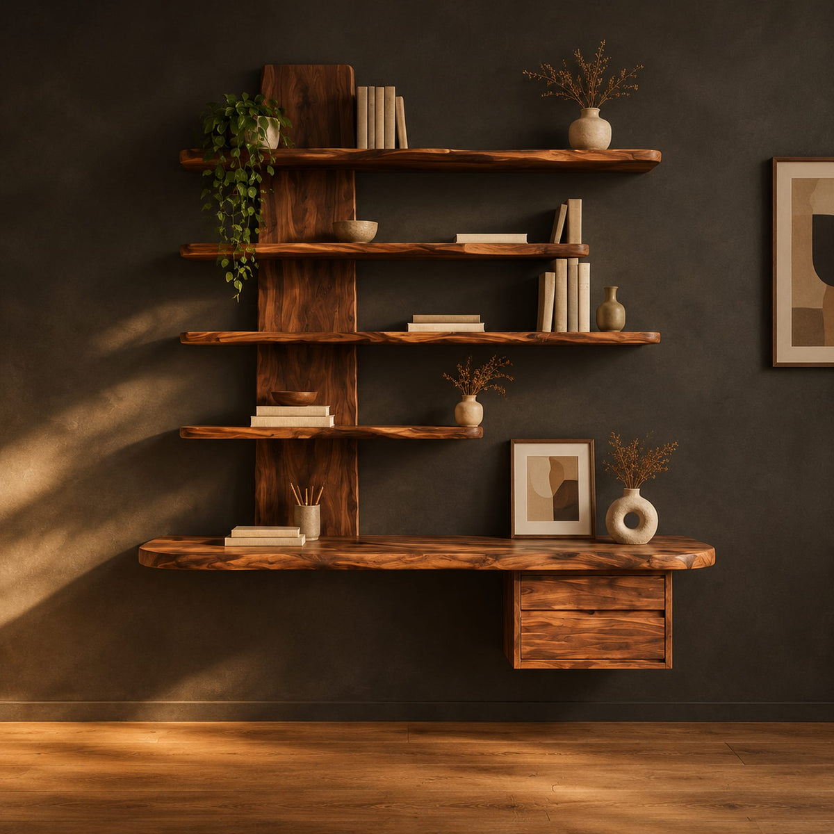 Wall mounted wooden desk with staggered shelves above a wide work top in a dark studio against a charcoal plaster wall