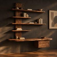 Wall mounted wooden desk with staggered shelves above a wide work top, three-quarter view showing the grain