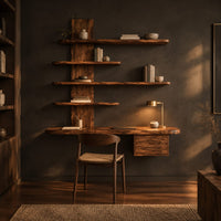 Wall mounted wooden desk with staggered shelves above a wide work top in a dark home office at golden hour