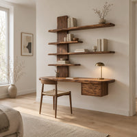 Wall mounted wooden desk with staggered shelves above a wide work top in a Scandinavian home office with white walls