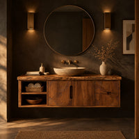 Wall mounted bathroom vanity with a live edge top and leaf carved fronts in a dark bathroom at golden hour