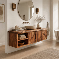 Wall mounted bathroom vanity with a live edge top and leaf carved fronts in a Scandinavian bathroom with white walls