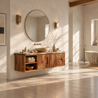 Wall mounted bathroom vanity with a live edge top and leaf carved fronts in a bright open plan bathroom