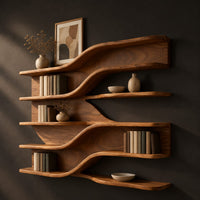 Wall mounted wooden shelves with flowing wave tiers and a curved backboard, three-quarter view showing the grain