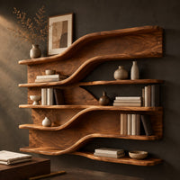 Corner detail of wall mounted wooden shelves with flowing wave tiers and a curved backboard beside wood, brass and linen samples