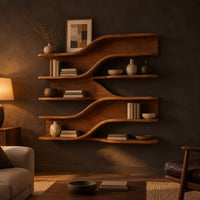 Wall mounted wooden shelves with flowing wave tiers and a curved backboard in a dark living room at golden hour