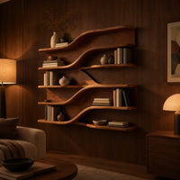 Wall mounted wooden shelves with flowing wave tiers and a curved backboard in an evening living room with walnut wall paneling