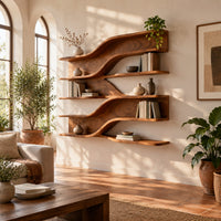 Wall mounted wooden shelves with flowing wave tiers and a curved backboard in a bright living room with arched windows and plants