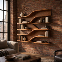 Wall mounted wooden shelves with flowing wave tiers and a curved backboard in an industrial loft living room with exposed brick