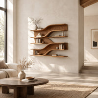 Wall mounted wooden shelves with flowing wave tiers and a curved backboard in a bright open plan living room